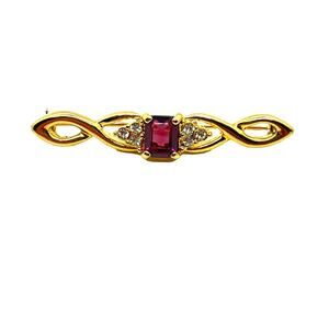 Bar Brooch Gold Tone Red and Clear Stones Vintage Secretary Librarian Retro Chic